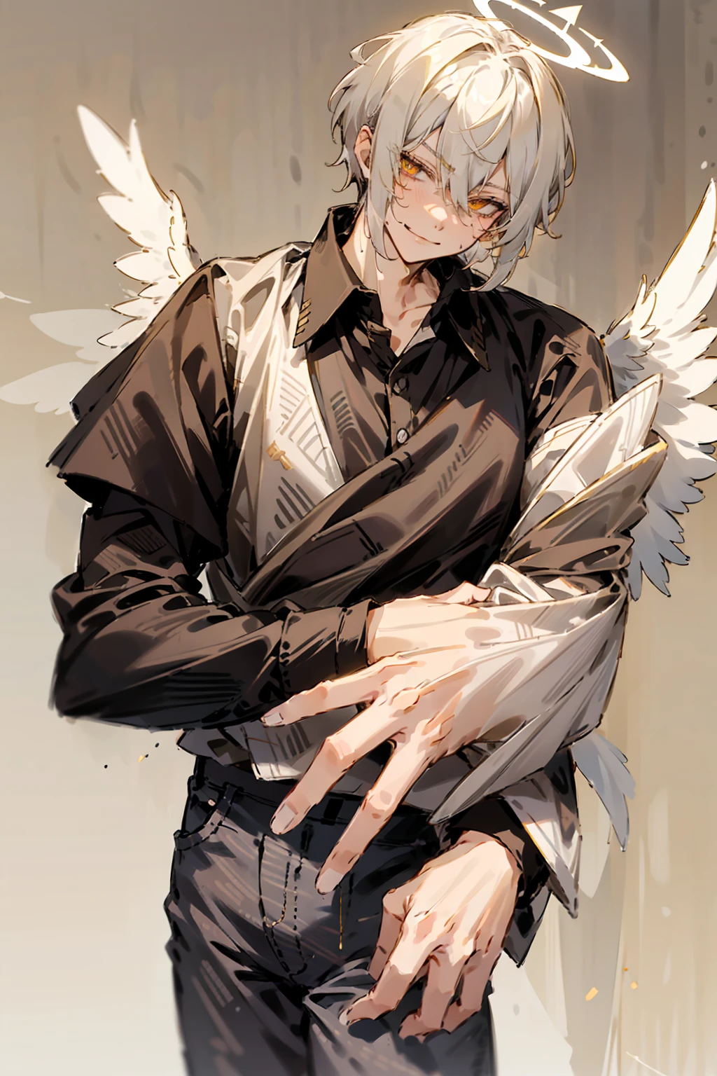 1male, Adult, Two Tone Hair, Yellow and White Hair, Short Hair, Undercut Hair, Black and White Horns, Angel Halo, Black and White Wings, Golden Eyes, Smirk, Black and White Flannel Shirt, Black Ripped Jeans