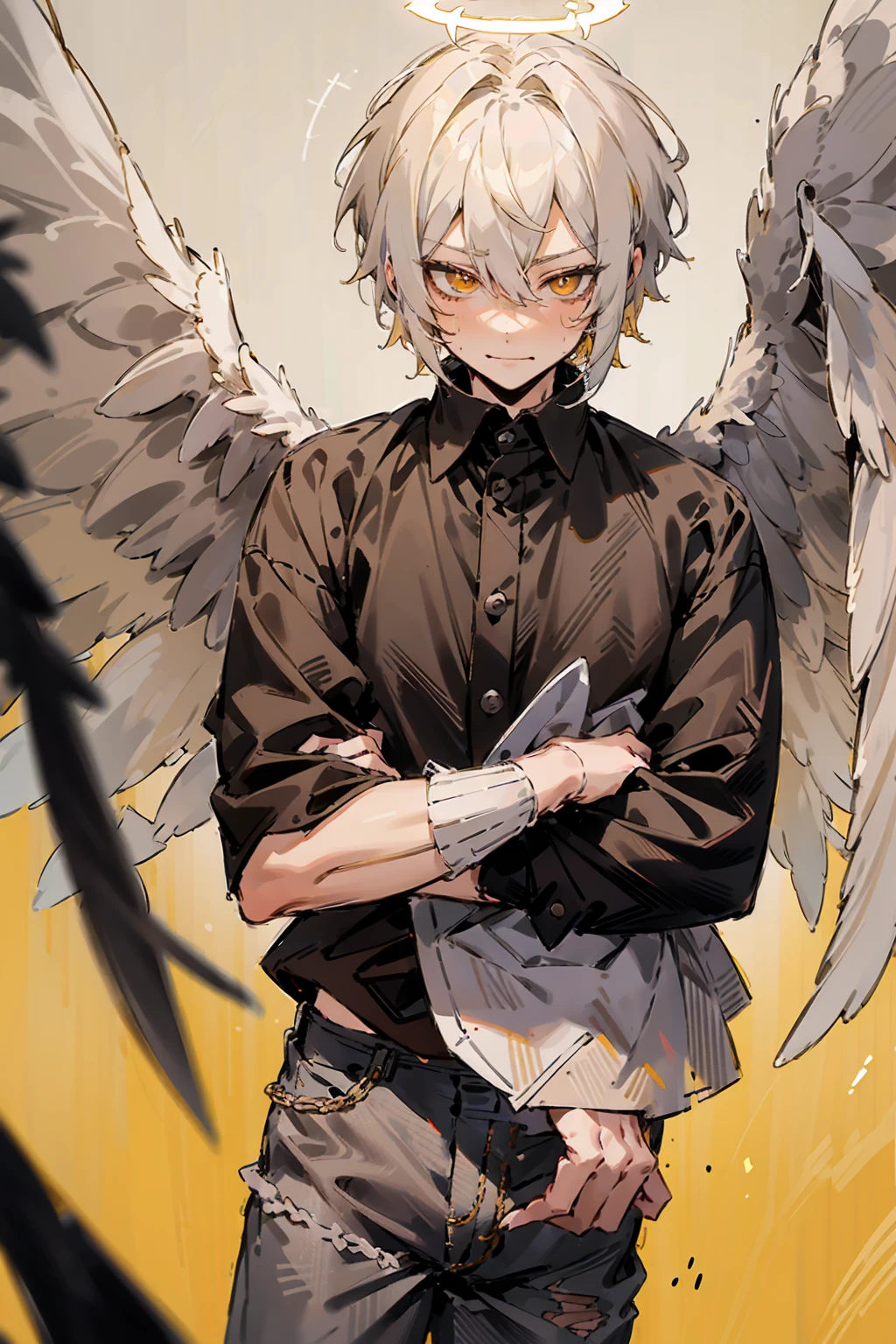 1male, Adult, Two Tone Hair, Yellow and White Hair, Short Hair, Undercut Hair, Black and White Horns, Angel Halo, Black and White Wings, Golden Eyes, Smirk, Black and White Flannel Shirt, Black Ripped Jeans