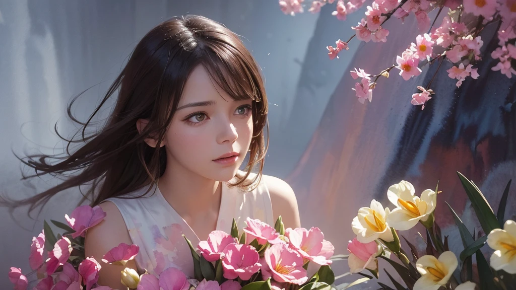 32k, Masterpiece, Highest quality, One girl, Brown Hair, Detailed eyes, flower,Freesia, Pink and navy style,A dreamy, romantic piece,Pale yellow, Mysterious Leaves,A playful arrangement,Fantasy,High Contrast,Ink strokes,explosion,Exposure, Impression of pink and navy tones,Abstract,((Watercolours by John Berkey and Jeremy Mann )) Brush strokes,Negative Space, Tyndall effect,