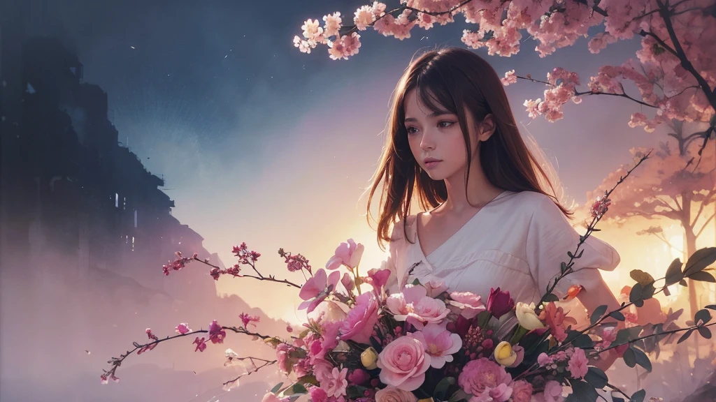 32k, Masterpiece, Highest quality, One girl, Brown Hair, Detailed eyes, flower,Freesia, Pink and navy style,A dreamy, romantic piece,Pale yellow, Mysterious Leaves,A playful arrangement,Fantasy,High Contrast,Ink strokes,explosion,Exposure, Impression of pink and navy tones,Abstract,((Watercolours by John Berkey and Jeremy Mann )) Brush strokes,Negative Space, Tyndall effect,