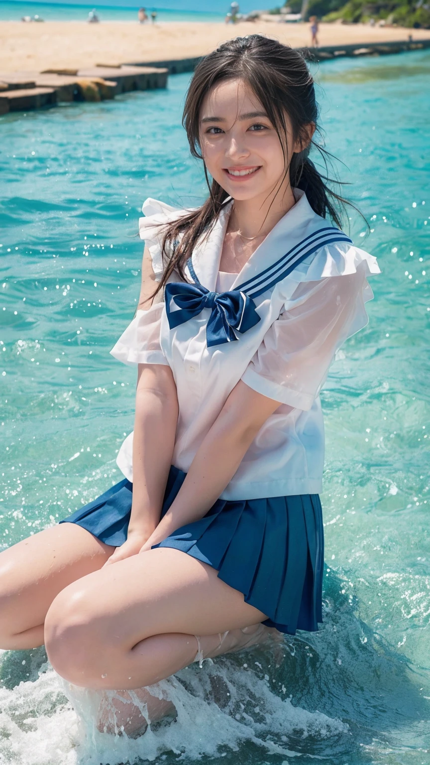 (((sunny day、Japanese 、Beach、A strong wind is blowing、Her hair and skirt are flying、Crouch down, Scooping up seawater and spreading your hands、Traditional navy blue sailor uniform、White blouse、Pleated skirt、Scooping seawater with hands:1.25、splash、Splashing water on each other、smile、Laughter、Sandy Beach、Light of the sun、clear blue sea、The waves crash quietly、Blue sky and white clouds、green mountain々、Beautiful Nature、The joys of youth)))、(((Top-down configuration:1.33)))、(((8K、Highest quality、masterpiece、Ultra-high resolution)))、(Realistic:1.4)、RAW Photos、(Real skin texture:1.3)、(Film Grain:1.3)、((No underwear、Bend one leg))、One Girl、Beautiful and detailed eyes and face、barefoot、