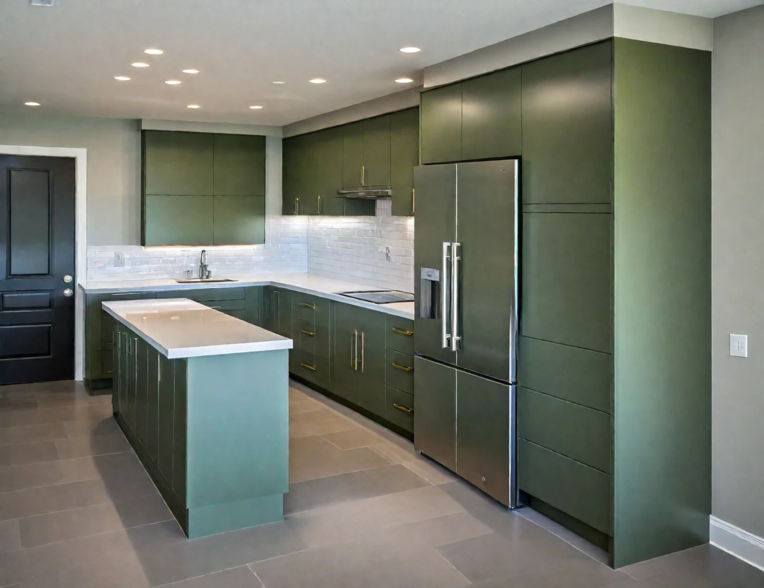 Modern kitchen, kitchen, sleek design, clean lines, stainless steel appliances, polished quartz countertops, matte army green and legato silk cabinetry, large island, bar stools, glossy subway tile backsplash, open shelves, pendant lights, neutral-toned tile floor, natural light, bright and inviting