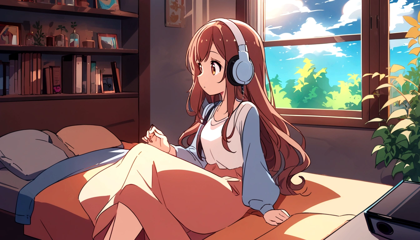 Keywords : masterpiece, best quality, movie stills, one girl, girl in clouds, happy, warm soft lighting, listening to music on headphones in room bed, long hair girl, big eyes, profile, summer sky, illustration style