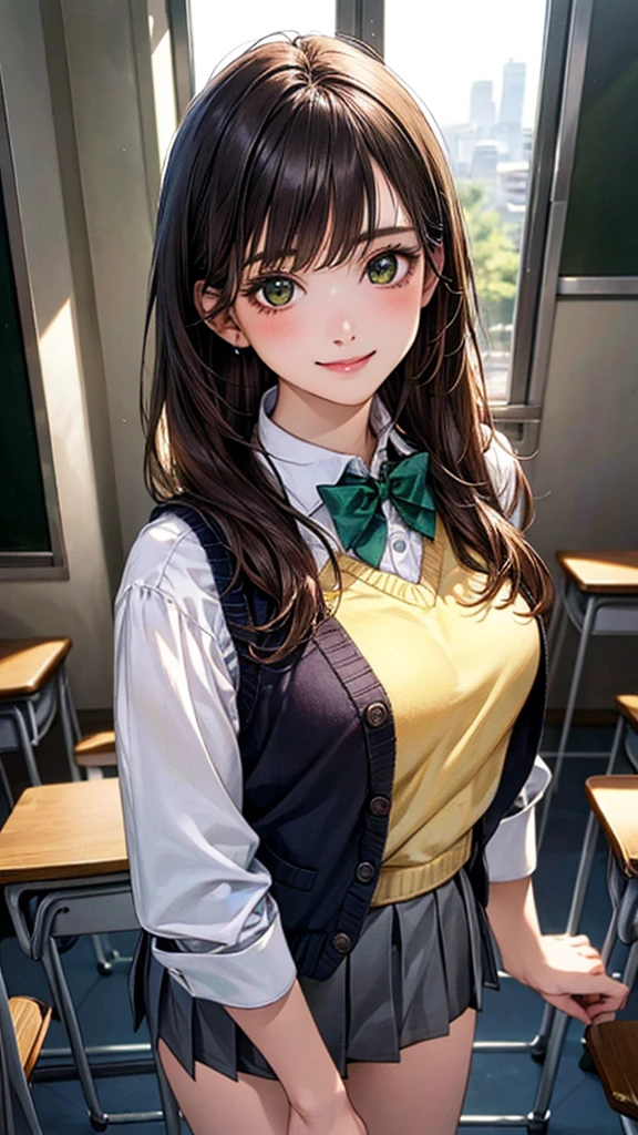 (masterpiece:1.2, Highest quality), (Realistic, photoRealistic:1.4), Beautiful illustrations, (Natural Side Lighting, Cinema Lighting), Browsing Caution,
View your audience, 1 Girl, Japanese, high school girl, Perfect Face, Cute and symmetrical face, Shiny skin,
(Long Hair:1.5, Straight hair:1.4, Chestnut Hair), Swept-apart bangs, Emerald green eyes, Long eyelashes, (Medium Chest), thin,
Beautiful Hair, Beautiful Face, Beautiful attention to detail, Beautiful clavicle, Beautiful body, Beautiful breasts, Beautiful thighs, Beautiful legs, Beautiful fingers,
((White collared shirt, Grey pleated mini skirt, Yellow knit vest), Dark red bow tie),
(Beautiful views), evening, (School classroom), Are standing, (Point to your audience, smile, Open the mouse),