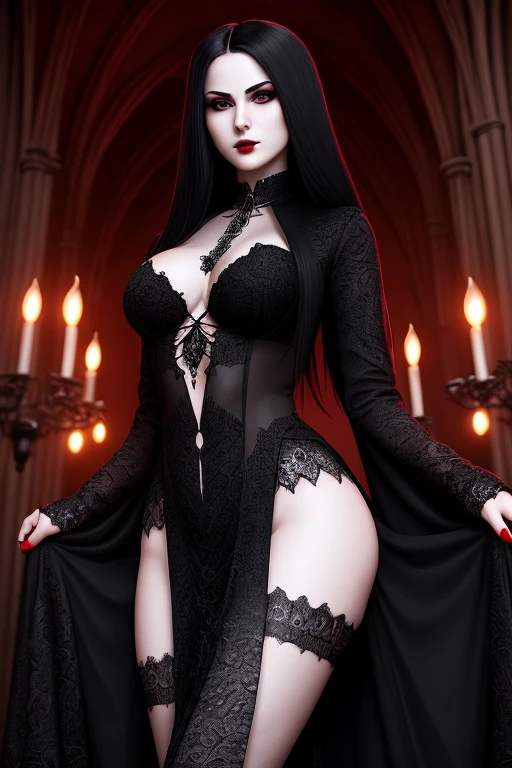 , hot goth girl from the front, stretching your ass, look away, beautiful  face, greeneyes, ((Medium length {blackw | tenebrosa rot} body hair)), (breasts big, Waist slender, muslos grandes, Broad Hips, big buttocks, Legs long, plump rot lips), ((wearing sexy blackw long skirt with massive slit in the center revealing sexy legs and panties)), ((blackw lace panties and bra with silver complex intricate patterns)), (((blackw openwork stockings with wide lace top with silver complex intricate patterns))), (((no tattoos))), Gothic aesthetic, gothic makeup, gothic makeup, goth vibe, wristbands, blackw choker, aretes, {tenebrosa | tenebrosa rot | rot} lipstick, Eyes seductive, (detailed camel toe, camel toe, lips, neckleace), (interior of the gothic cathedral, Torchlight, antique oil lamps with burning flames, antique chandeliers with candles), (best qualityer, 16K, work of art, ultra HD, Ultra-quality cinematic lighting, Huge detail, well-lit, 35mm, Spitz, hyperrealisti, epic scale, insane level of detail, beautiful detailed girl, very detailed eyes and face, beautiful detailed eyes, ultra detailed skin, realisic skin), Describe a scene where a female vampire from the Tremere clan, with aristocratic features and mesmerizing eyes, is to seduce someone in a dark and mysterious environment. She is dressed in elegant clothes and displays an aura of power and mystery.... Your gaze is penetrating and seductive, as she uses her manipulation skills to lure the victim closer, involving her in a dangerous game of desire and fascination. The atmosphere around you is charged with tension and excitement., with shadows dancing around, further enhancing the atmosphere of seduction and mystery, wearing red lingerie, nsfw, high heel boots 