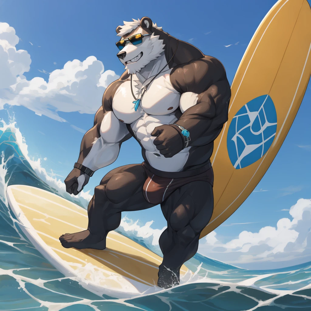 solo, 1boy, Huge Muscular White Polar Bear Dad wearing black sunglasses, huge white fur, pectoral, huge pectoral, wide pectoral, short white hair, blue-colored competitive briefs, black wristbands and shirtless topless, bearded, white Mustache, white fur, tooth necklace, professional surfer, surf board, background, masterpiece, high detailed, 8k, high resolution, at the ocean, surfing the waves, riding the surfboard, gliding on the surfboard, being totally radical, surf's up dudes, showboating