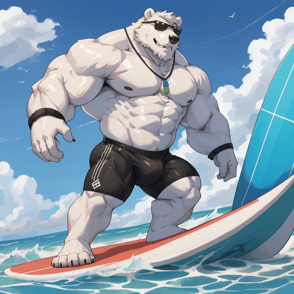 solo, 1boy, Huge Muscular White Polar Bear Dad wearing black sunglasses, huge white fur, pectoral, huge pectoral, wide pectoral, short white hair, blue-colored competitive briefs, black wristbands and shirtless topless, bearded, white Mustache, white fur, tooth necklace, professional surfer, surf board, background, masterpiece, high detailed, 8k, high resolution, at the ocean, surfing the waves, riding the surfboard, gliding on the surfboard, being totally radical, surf's up dudes, showboating