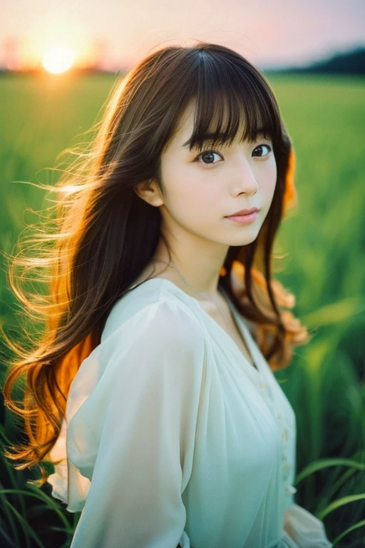 Japanese beautiful girl, Embarrassed look, figure, (Highest quality, Super detailed), front、Gentle lighting, Flowing Hair,one piece、 Delicate features, Dreamy atmosphere、Analog Film Photography、20-year-old、80'、サイバーパンクWindローファイアニメーション、Wind, sunset, Wheat field,