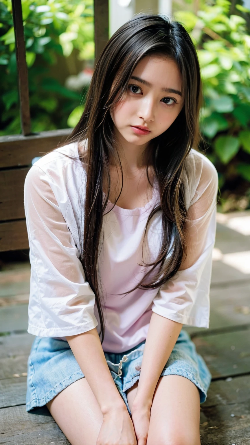 ((((Detailed explanation)))),(((masterpiece、Highest quality、Very detailed:1.42、Focus on the eyes)))、Female in her late s、Portraiture、Blurred cityscape at dusk、Silhouette of buildings and street lampedium length dark-brown hair、natural wavy curls、The wind is blowing softly、Some hair falls to the side of the face、Skin is smooth、Healthy olive color、The tan lines are faintly visible、Natural redness on the cheeks、I have a few small laugh lines on my forehead、Eyes with dark brown irises、The pupil is shining, Reflects light、Long curled eyelashes、Highlights the eyes、Eyebrows are thin and trimmed、Natural Arch、Small nose、straight、straight nose、lips are plump、soft pink lip gloss、Ultra-thin camisole、Barefoot and barefoot、A simple silver bracelet on her right wrist、A small diamond earring sparkles in her left ear..、The expression is calm、have confidence、smile、(((Emphasize the contrast between light and shadow)))、Realistic textures and facial details