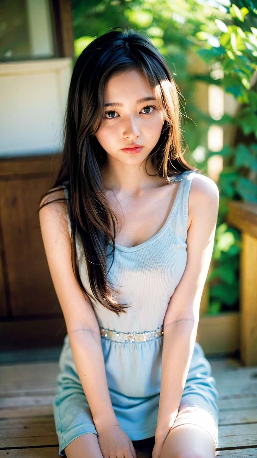 ((((Detailed explanation)))),(((masterpiece、Highest quality、Very detailed:1.42、Focus on the eyes)))、Female in her late teens、Portraiture、Blurred cityscape at dusk、Silhouette of buildings and street lampedium length dark-brown hair、natural wavy curls、The wind is blowing softly、Some hair falls to the side of the face、Skin is smooth、Healthy olive color、The tan lines are faintly visible、Natural redness on the cheeks、I have a few small laugh lines on my forehead、Eyes with dark brown irises、The pupil is shining, Reflects light、Long curled eyelashes、Highlights the eyes、Eyebrows are thin and trimmed、Natural Arch、Small nose、straight、straight nose、lips are plump、soft pink lip gloss、Ultra-thin camisole、Barefoot and barefoot、A simple silver bracelet on her right wrist、A small diamond earring sparkles in her left ear..、The expression is calm、have confidence、smile、(((Emphasize the contrast between light and shadow)))、Realistic textures and facial details