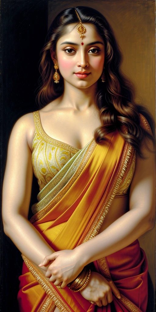 Beautiful Indian Woman, wearing saree, sari Beauty, gorgeous, Apsara, Maharani, royal queen woman, nymph from Hindu Mythology, Urvashi, matchless beauty, Highly detailed, Oil Painting by Peter Paul Rubens inspired by Raja Ravi Varma, Matchless beauty, captivating, gorgeous, heavenly beauty, celestial beauty, by Peter Paul Rubens, 13, realistic, hyper realistic, micro details, incredible artwork, insane details, ultra High resolution, 8k, 32k, acrylic on canvas, intricate, flawless, detailed, detailed face, detailed eyes, masterpiece, by Peter Paul Rubens, by Caravaggio, by William Adolphe bouguereau, perfect face, perfect body, beautiful art, realism, baroque, renaissance Art, highly textured, beautiful and detailed eyes, uhd, best quality, flawless art, detailed art,