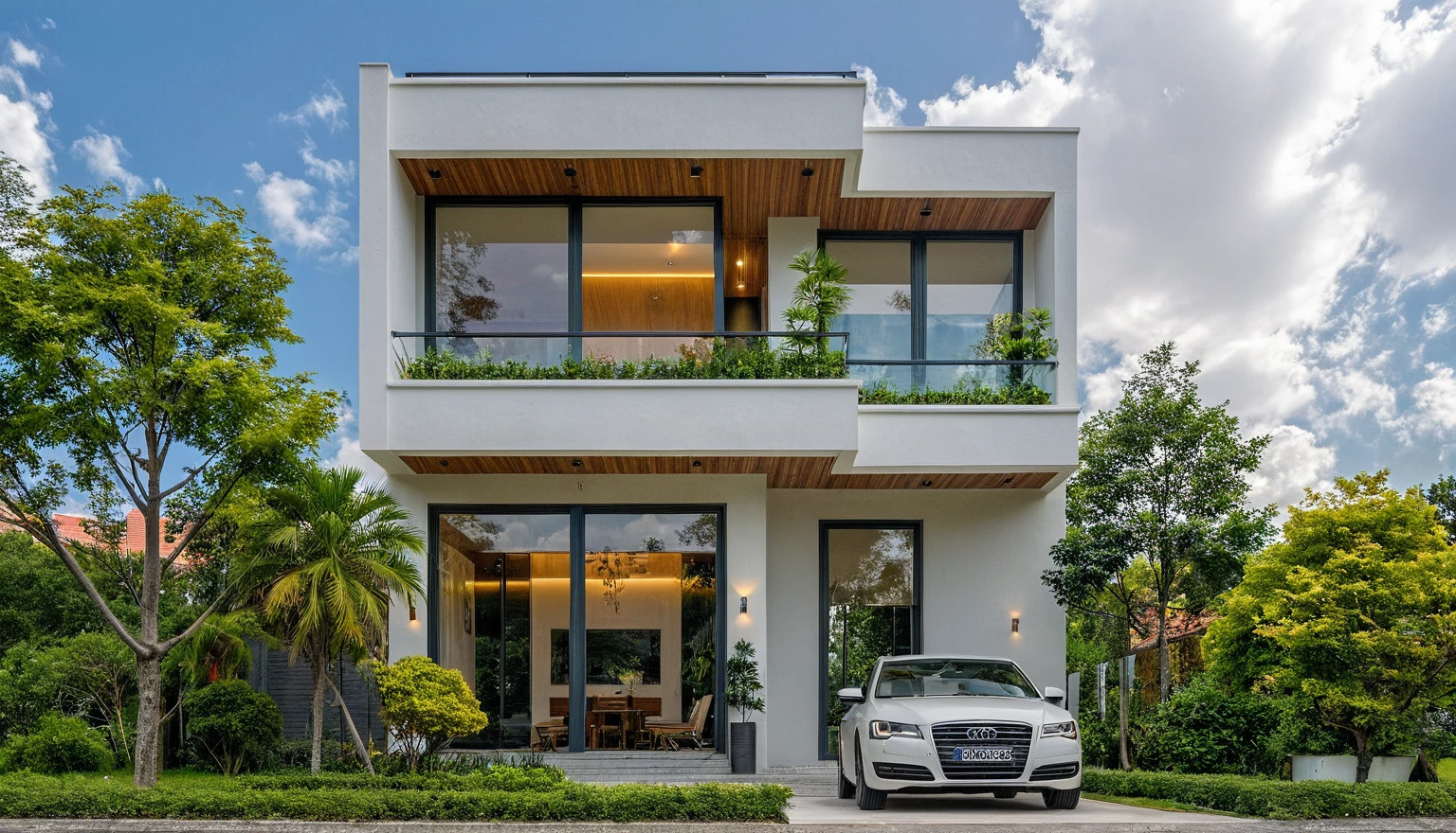 Masterpiece, high quality, best quality, authentic, super detail, outdoors, onestoreyvillaXL, aiaigroup, house style modern on the street ,stairs, white wall ,road,pavement, grass, trees, sky, cloud, (daylight:1.1)