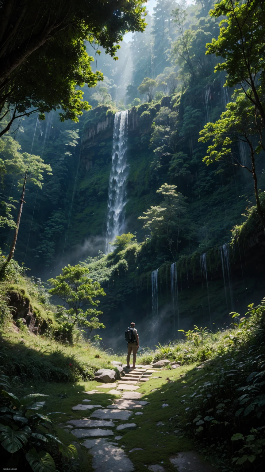 Lone explorer standing at the top of a mountain, looking to the horizon, he is in the top and at the bottom there is a tropical environment with dense forests and waterfalls in the background. Sunlight illuminating one side of the image, casting shadows on trees and rocks on the other., minimalist, Angelcore, Dripping Paint, ultra wide-angle, Octane rendering, 500px, sprite sheet, psychedelic colors, Green Academia, strobe lighting, 8-bit. absurd res, high res, (masterpiece:1.4), ultra-detailed,