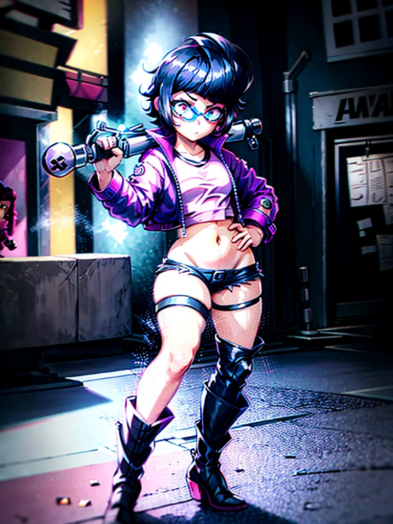 one girl,Bibi,brawl stars,slim,Japanese,black,short hair,purple jacket,Pink T-shirt,short shorts,stockings,knee-high boots,heels,bits.