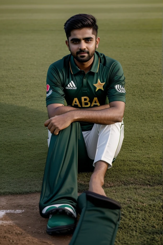 Babar Azam Pakistani cricket team player photo in the ground grass ground and like a dark 🌑 as good view