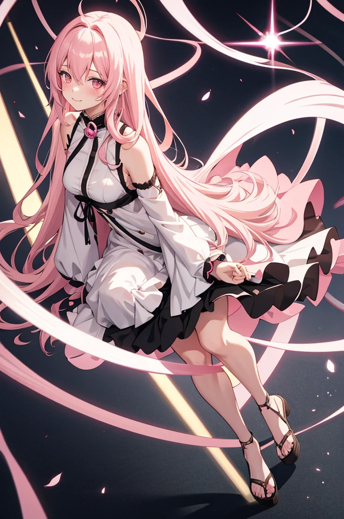 solo, 1girl, mature anime female, light pink hair, long hair, dark pink eyes, subtle blush, love goddess, sundress, innocent smile