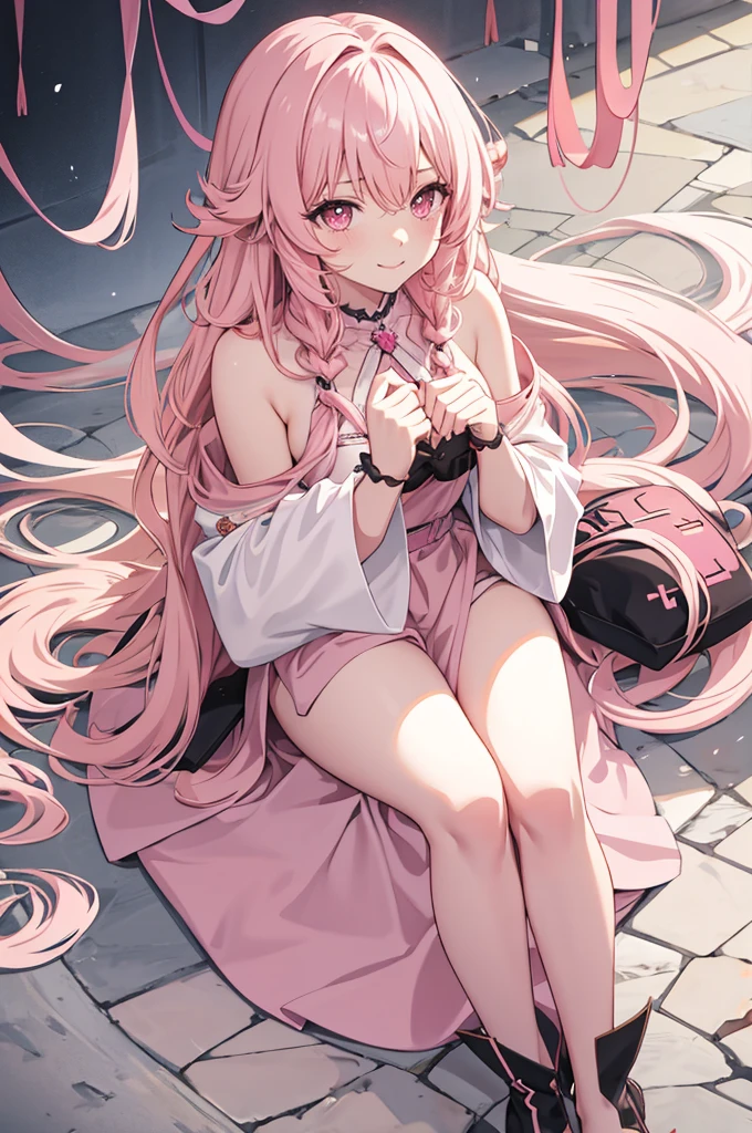 solo, 1girl, mature anime female, light pink hair, long hair, dark pink eyes, subtle blush, love goddess, sundress, innocent smile