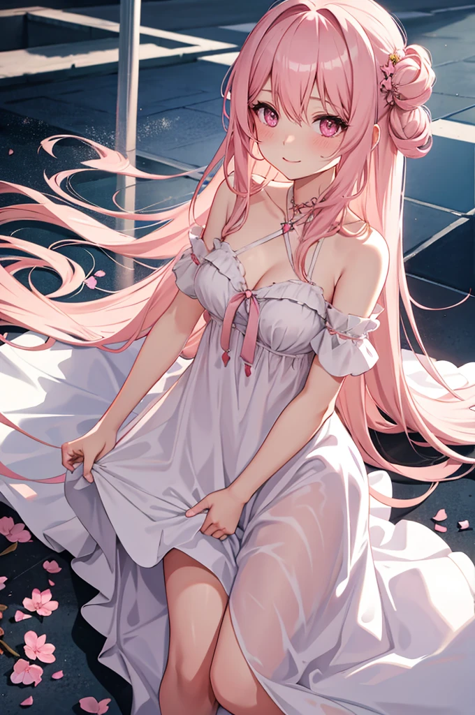 solo, 1girl, mature anime female, light pink hair, long hair, dark pink eyes, subtle blush, love goddess, sundress, innocent smile