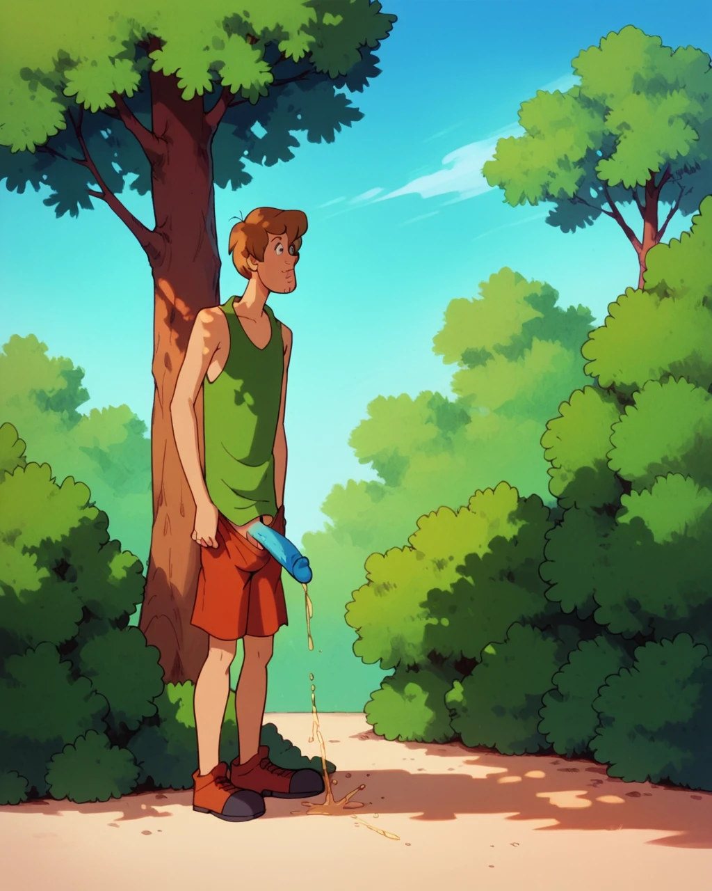 scoobydoo, shaggy rogers, tank top, relaxed, outside, standing, bushes, bottomless, legs together, long penis, eyes looking down,, tree, shade, blue sky, hand on penis, urinating