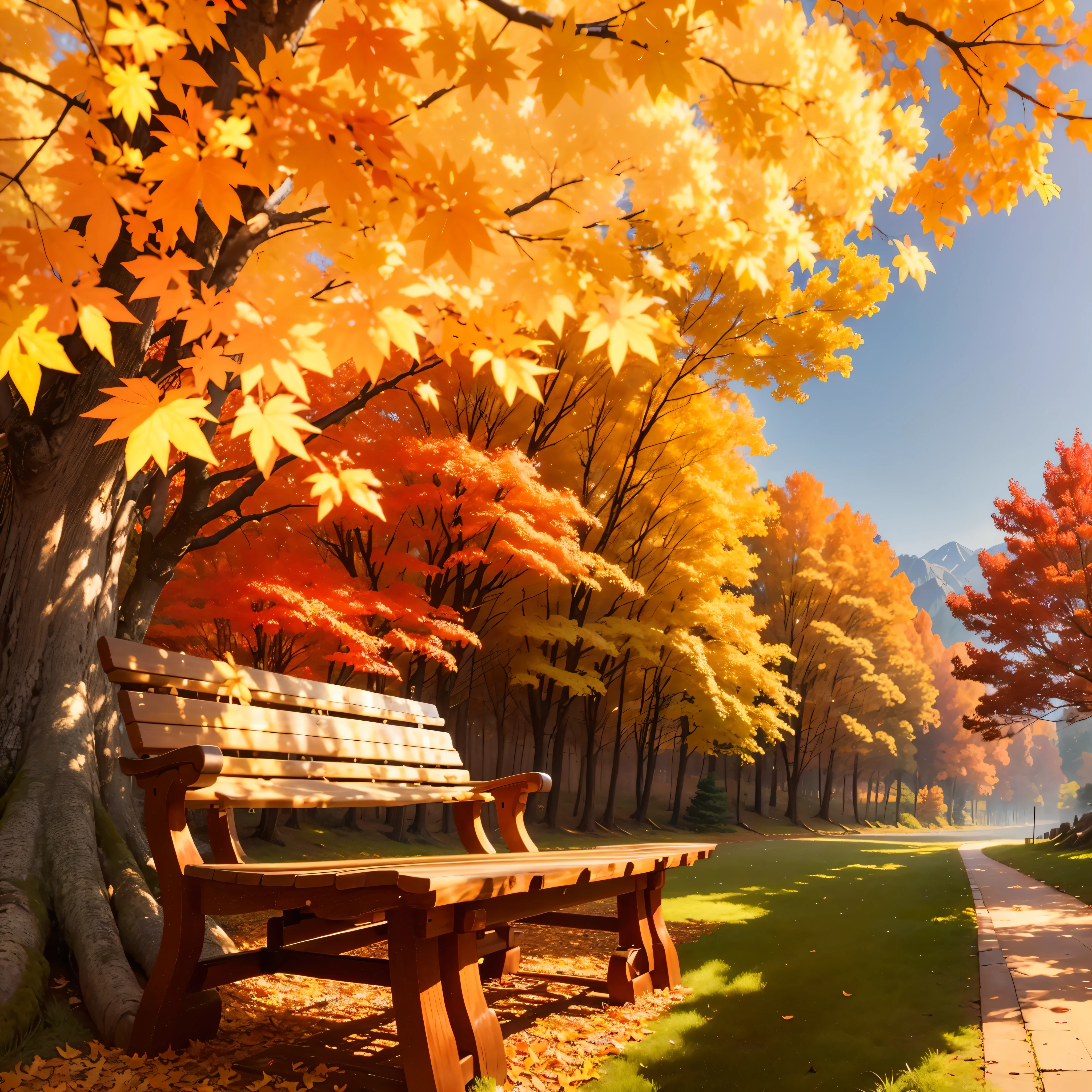 (Highest quality, High resolution), Landscape of autumn leaves.Vibrant colors,Low - Angle,

(古びたwood製のベンチ:1.3),(大きな楓のwood,Textured bark:1.2),a lot of fallen leaves, A winding road leading deep into the mountains,Warm earth tones, Soft and natural lighting.Autumn leaves background, Vibrant colorsの葉, The golden leaves gently fall, wood々Warm sunlight shining in from between, Peaceful and calm atmosphere, Soft rays of light illuminating the scene, The sound of rustling leaves, Fresh, cool air,  A carpet of fallen leaves on the ground, Quiet and picturesque setting, Natural beauty in full bloom, 
