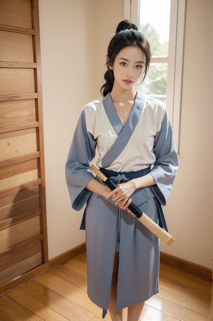 (((best quality))),(((ultra detailed))),(((masterpiece))),illustration,1girl,solo,tonogui,short ponytail,slim,thin,small breasts,flat chest,white collar,white kendogi,three-quarter sleeves,maxi navy-blue kendo hakama,slender legs,standing in kendo gym,(holding a bokuto in hand:1.3),arms behind back,focused and determined expression,ready for challenge,slender and elegant face,confident and resilient,fair skin,blush,neat teeth,bright smile,clean and tidy uniform,wooden gym floor,wall,pine scent,standard grip,ready to slice through obstacles,strong belief,determination,spirit of resilience,admiring,from front,full body,bare feet