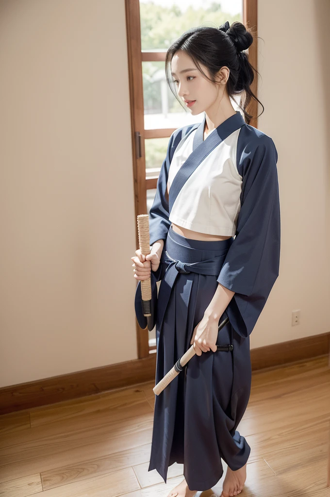(((best quality))),(((ultra detailed))),(((masterpiece))),illustration,1girl,solo,tonogui,short ponytail,slim,thin,small breasts,flat chest,white collar,white kendogi,three-quarter sleeves,maxi navy-blue kendo hakama,slender legs,standing in kendo gym,(holding a bokuto in hand:1.3),arms behind back,focused and determined expression,ready for challenge,slender and elegant face,confident and resilient,fair skin,blush,neat teeth,bright smile,clean and tidy uniform,wooden gym floor,wall,pine scent,standard grip,ready to slice through obstacles,strong belief,determination,spirit of resilience,admiring,from front,full body,bare feet