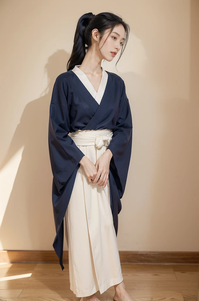(((best quality))),(((ultra detailed))),(((masterpiece))),illustration,1girl,solo,tonogui,short ponytail,slim,thin,small breasts,flat chest,white collar,white kendogi,three-quarter sleeves,maxi navy-blue kendo hakama,slender legs,standing in kendo gym,(holding a bokuto in hand:1.3),arms behind back,focused and determined expression,ready for challenge,slender and elegant face,confident and resilient,fair skin,blush,neat teeth,bright smile,clean and tidy uniform,wooden gym floor,wall,pine scent,standard grip,ready to slice through obstacles,strong belief,determination,spirit of resilience,admiring,from front,full body,bare feet