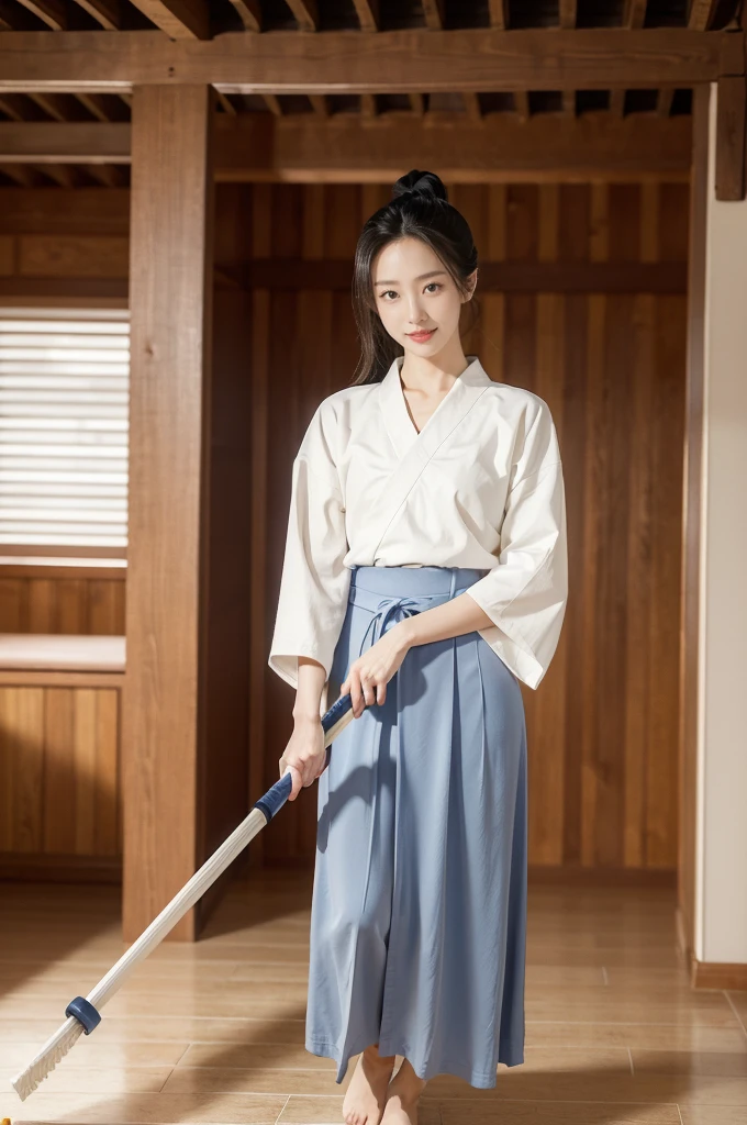 (((best quality))),(((ultra detailed))),(((masterpiece))),illustration,1girl,solo,tonogui,short ponytail,slim,thin,small breasts,flat chest,white collar,white kendogi,three-quarter sleeves,maxi navy-blue kendo hakama,slender legs,standing in kendo gym,(holding a bokuto in hand:1.3),arms behind back,focused and determined expression,ready for challenge,slender and elegant face,confident and resilient,fair skin,blush,neat teeth,bright smile,clean and tidy uniform,wooden gym floor,wall,pine scent,standard grip,ready to slice through obstacles,strong belief,determination,spirit of resilience,admiring,from front,full body,bare feet