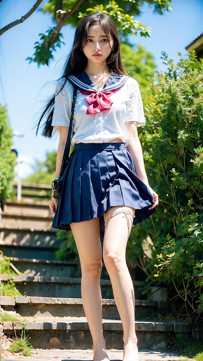 ((Viewing angle from below、Highest quality、masterpiece、32k、Every detail))、Descend the outdoor stairs、commute、Systemic manifestations、Traditional navy blue sailor uniform、White blouse、Pleated skirt、(((A strong wind blows my hair and skirt away:1.62)))、((I always carry the shoulder strap of my bag across my body..:1.22))、One Girl, alone、(((mini skirt, No underwear:1.22)))、Big Breasts、barefoot, High heels