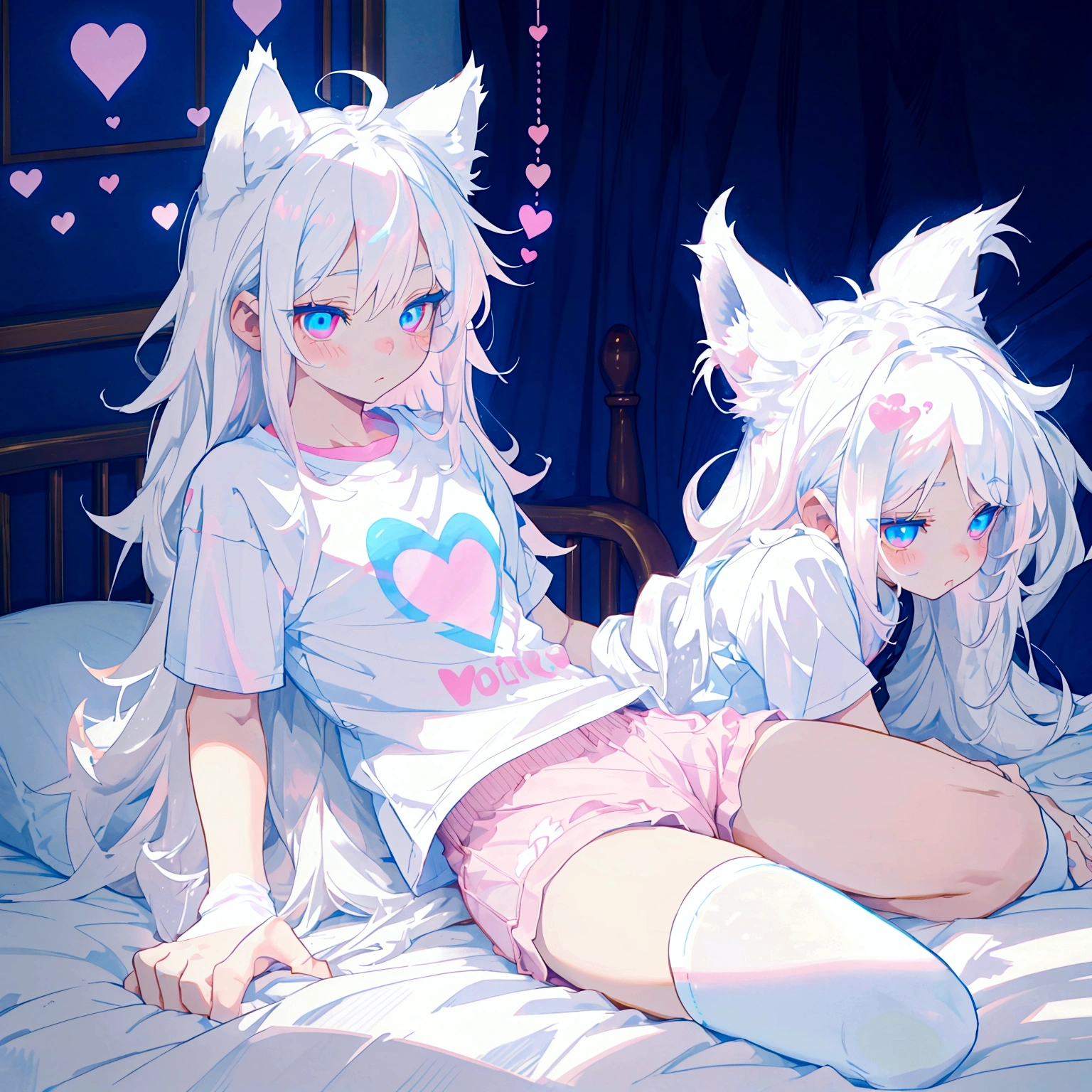 a cute adult male with wolf ears long white hair and a fluffy wolf tail, wearing pink micro shorts and a tight t-shirt with a heart logo on it, has glowing blue eyes, has very squishy thighs, wearing white thigh high socks, kawaii, on bed relaxing surrounded by plushies, solo, alone, (SOLO)(ALONE)