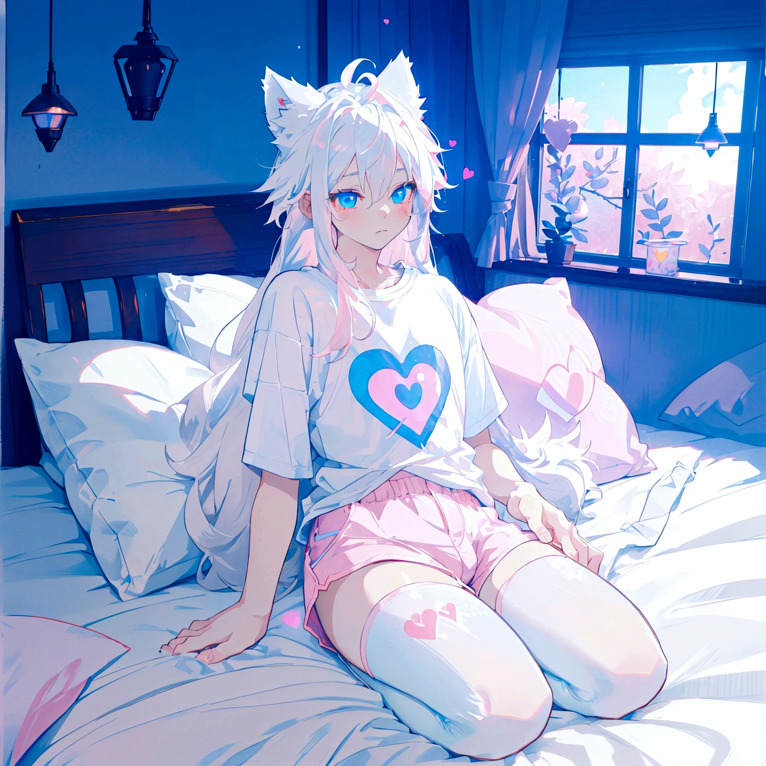 a cute adult male with wolf ears long white hair and a fluffy wolf tail, wearing pink micro shorts and a tight t-shirt with a heart logo on it, has glowing blue eyes, has very squishy thighs, wearing white thigh high socks, kawaii, on bed relaxing surrounded by plushies, solo, alone, (SOLO)(ALONE)
