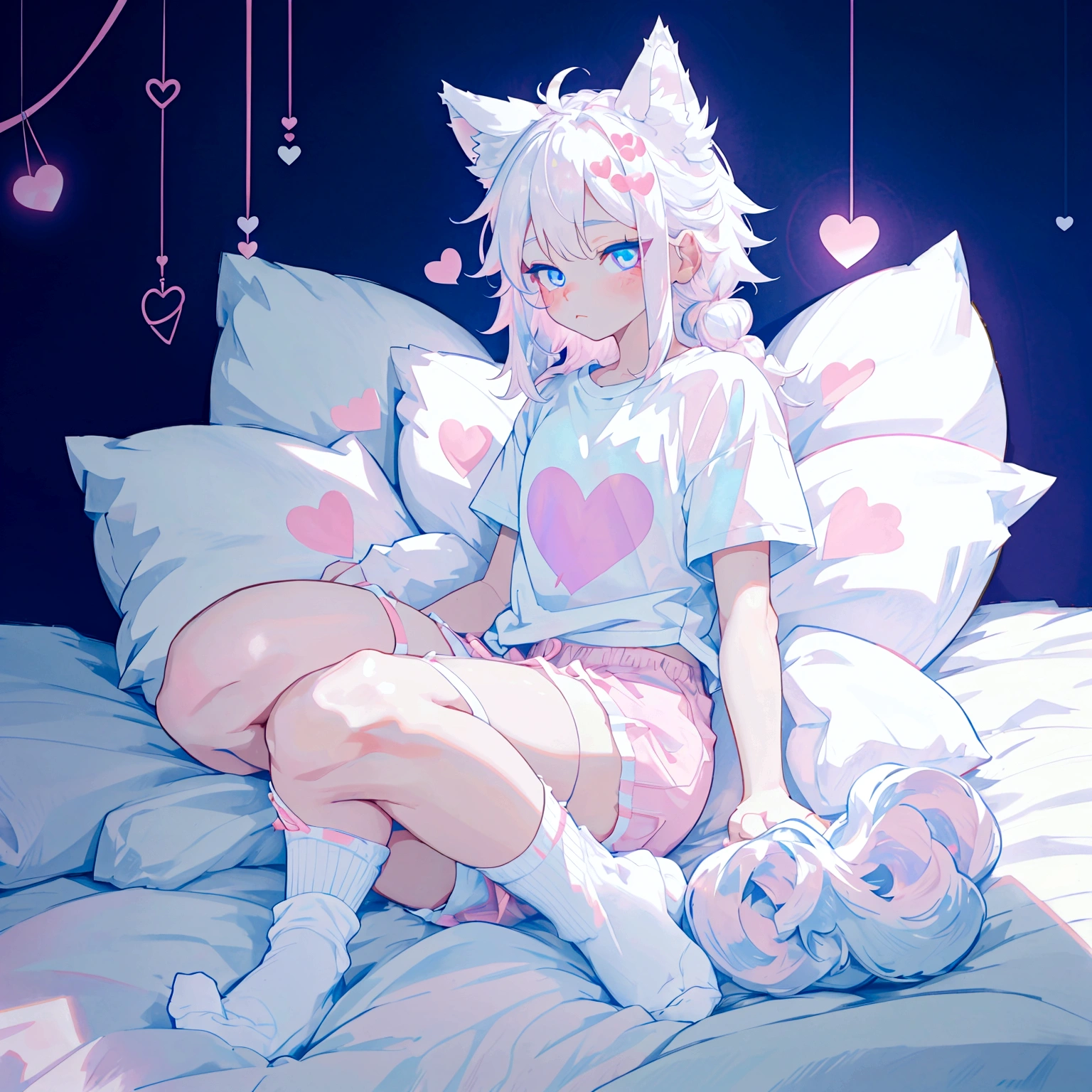 a cute adult male with wolf ears long white hair and a fluffy wolf tail, wearing pink micro shorts and a tight t-shirt with a heart logo on it, has glowing blue eyes, has very squishy thighs, wearing white thigh high socks, kawaii, on bed relaxing surrounded by plushies, solo, alone, (SOLO)(ALONE)