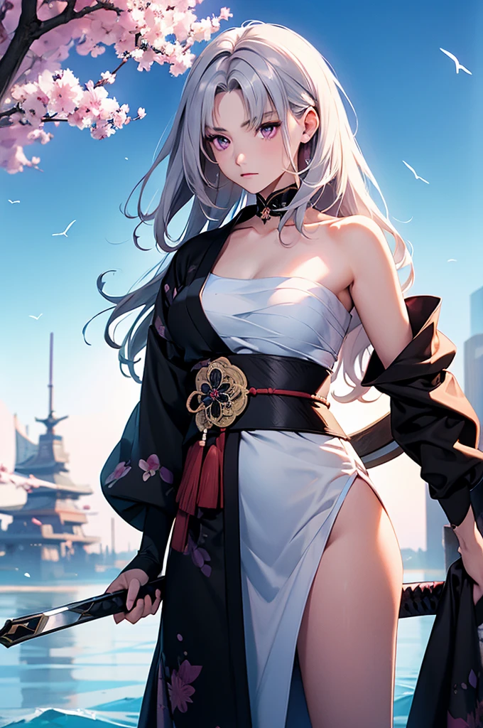 (masterpiece, Highest quality, Dutch Angle)(One girl, alone)(Gray Hair,Purple eyes,Straight Long Hair)(sarashi,kimono,One Shoulder、Wear one kimono:1.4、One shoulder exposed)(Serious expression, Woman with a sword:1.3、Floating Hair)(Cherry tree、dead tree、Mystical Night、Particles of light float around the woman、Space for fantasy)