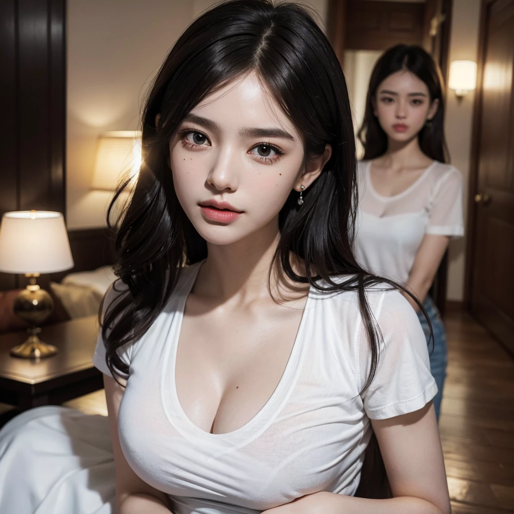 absurdres, RAW photo, extremely delicate and beautiful, masterpiece, Best Quality, ultra high resolution, 32k, hyperrealistic, ultra-detailed, Very detailed CG 8k wallpaper, Beautiful Lighting, Perfect Lightning, Realistic Shadows, perfect anatomy, super Detailed skin, late 20s, very Slim body, narrow waist, very small head, very detailed eyes and face, realistic face proportions, Stunning detailed eyes, Realistic small face, Realistic small eyes, tearful mole, earring, beautiful and very thin legs, beautiful and very thin thighs, (very huge round breasts:1.4), medium hair, wavy hair, black hair, (full body shot:1.5), (3 girls:1.3), (white shirt:1.2), brown skirt,
