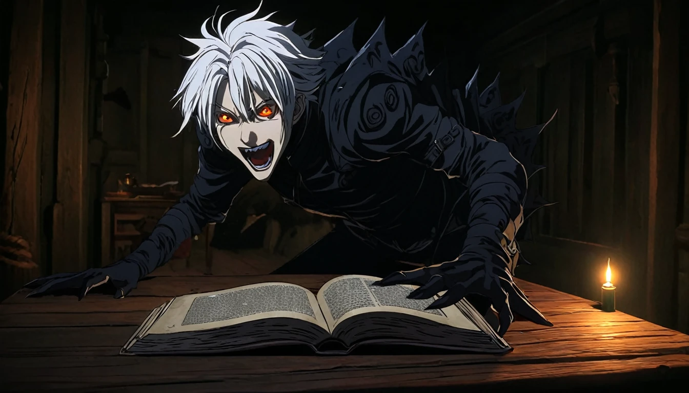 Young white hair stylist boy ayush(anime style) Several eerie creatures emerge from an ancient, leather-bound book with malevolent grins. Their twisted forms and glowing eyes give them a sinister appearance as they crawl out from the pages, their claws gripping the edges. The book lies open on a wooden table in a dimly lit room, surrounded by flickering candlelight that casts unsettling shadows. The creatures' laughter echoes eerily in the silence, adding to the chilling atmosphere of the scene."(Horror anime style) Ayush scary with see this situation , camera angle change , background nagative effects darkness