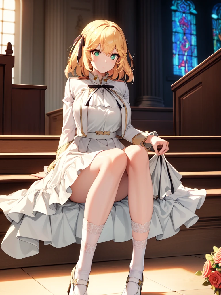 A girl,Long hair, Bangs, Blonde hair, Hair between the eyes, s eyes:(1.5), (Large Breasts:1.2),
rest 锁骨, Wedding dress,veil,wedding,White Dress,Flowers,The skirt is broken,White socks,Tights,White knee socks,
Looking at the audience, whole body,
indoors, church,permanent,permanent,
rest (masterpiece:1.2), best quality, high resolution, Unity 8K wallpaper, (illustration:0.8), (美丽细致s eyes:1.6), Extremely detailed face, Perfect lighting, Extremely detailed CG, (Perfect hands, Perfect anatomical structure),