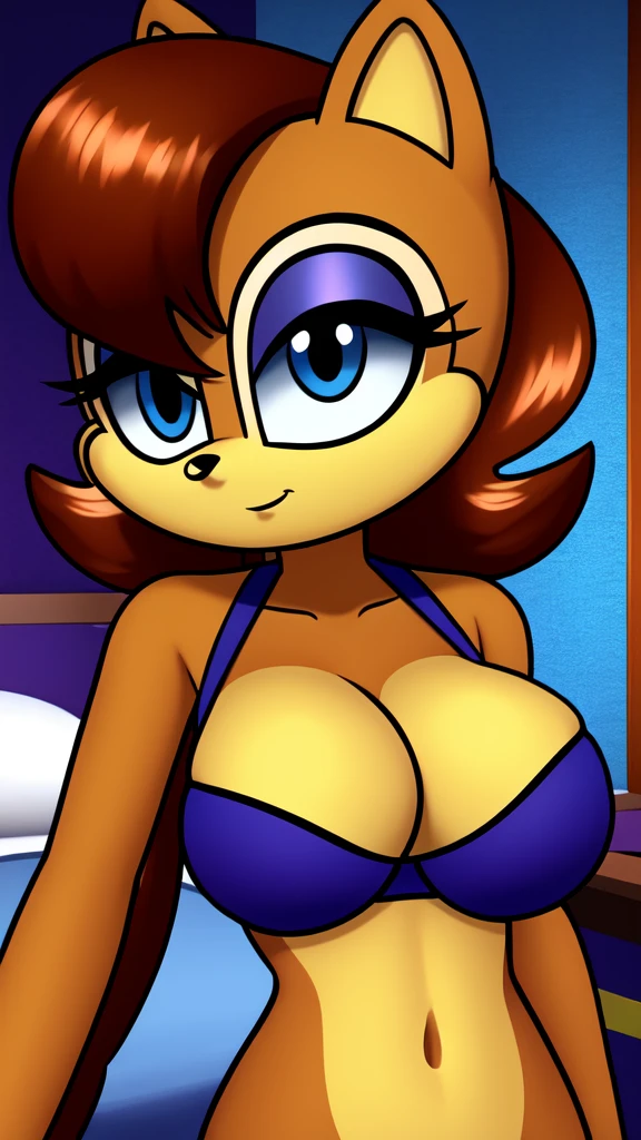 Masterpiece, high quality, studio quality, intricate details, 4k, 1girl, Sally Acorn, brown hair, purple bra, lidded eyes, blue eyes, big breasts, midriff, hotel room, night time