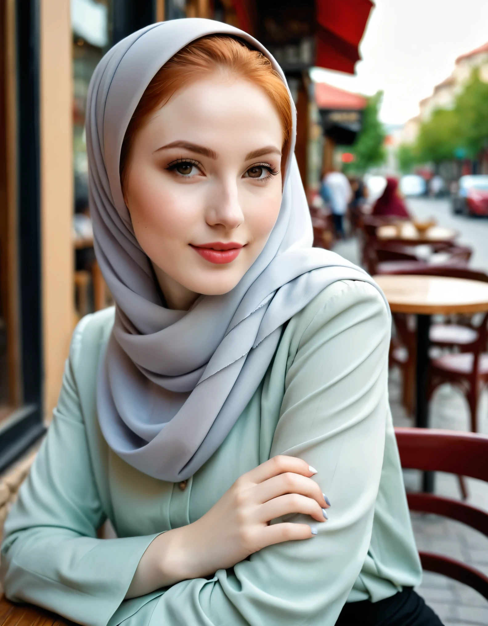 photography full body portrait of very beautiful realistic girl, sitting outdoor coffee shop, porcelain skin, very fair skin, very pale skin, redhead, very detail skin texture, hazel eyes, slanted eyes, small nose, small nostril, beautiful curved eyebrow, thick bottom lip, seductive gaze, happy face, unique face, wear Turkish fancy hijab, detail photo, realistic photo, master piece picture, sharp picture, outdoor clear daylight