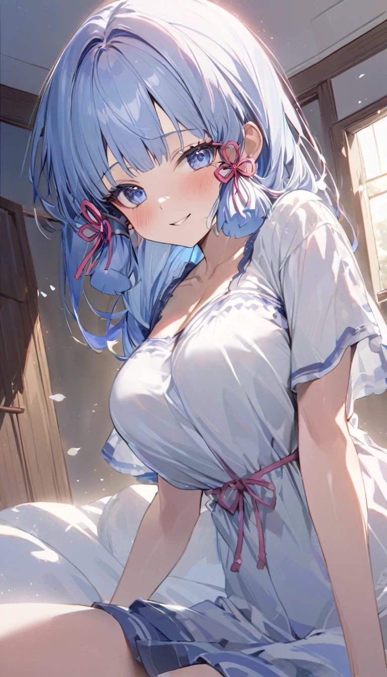Ayaka, Blue long hair, Pretty Face,Smile,Close to hip, Giant breasts, Sitting on the bed, Wearing beautiful white pajamas, (open mouth:0.4),illustration,Detailed texture(Realist),Extremely detailed,Portrait Style,Bright colors,Soft lighting, blush, Mature, No, Flying hair, Breast tenderness