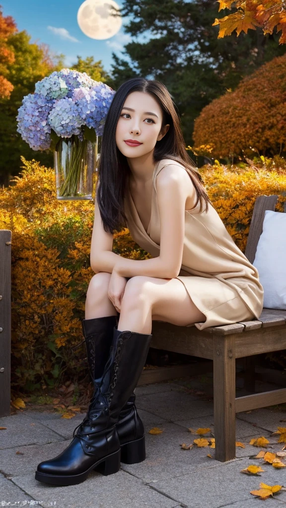 masterpiece, 最high quality, high quality, Very detailed CG 8k wallpaper,  Realistic, Very detailed, Complex, High detail,Japanese Actress、Beauty、Miniskirt、boots、scenery, Outdoor, Medieval Tavern, autumnの空, autumnの夕暮れ, autumn、winter, Cloudy, The big moon shines,Depth of written boundary, High resolution, Flowers, squirt, Hydrangea,