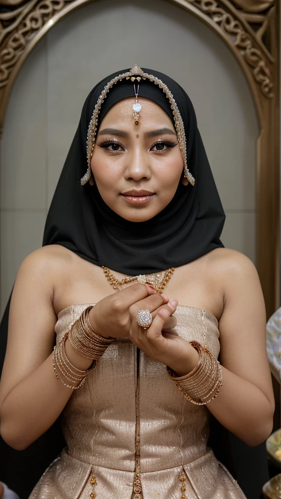 A beautiful Indonesian woman wearing a hijab and niqab is cupping her hands filled with jewelry and money.