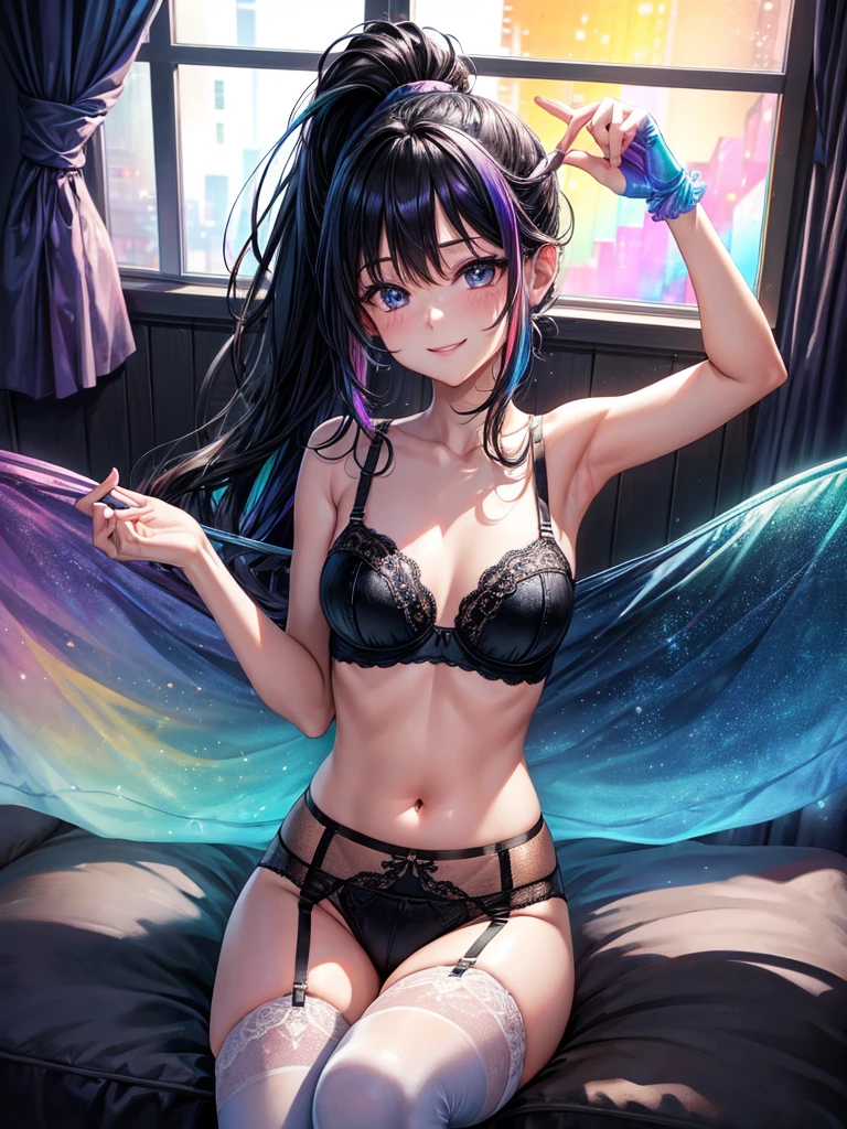 Highest quality,Highest Resolution,４K quality,Underwear looking at city night view outside large window in modern bedroom((Rainbow Gradient色))のsmileの１Profile of a woman,((Black hair ponytail)),Dark room,Rainbow Gradientセクシーランジェリー,Many water drops on the window,garter belt,High leg,((Iridescent underwear)),Knee-high stockings,smile,Landscape,Colorful eyeballs,Small bra{((Underwear color))Rainbow Gradient,