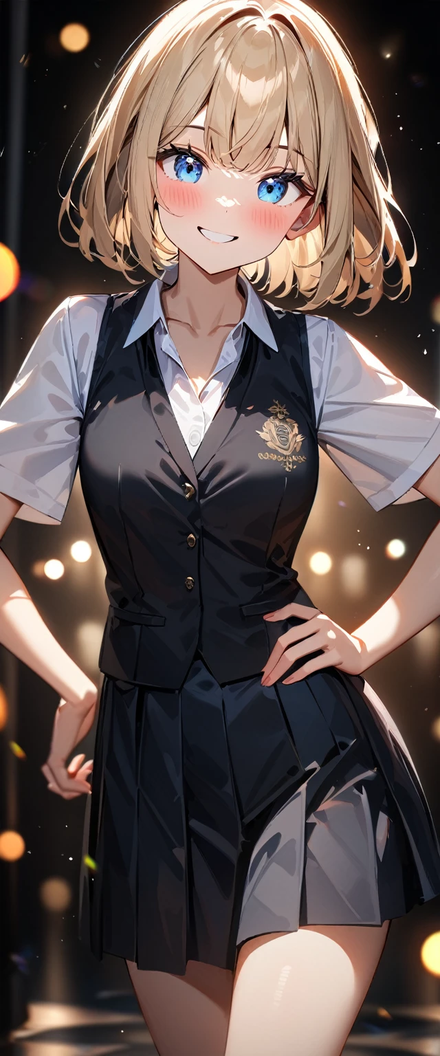 (((One girl))), blond hair, bob cut, (cowboy shot), (looking at viewer), (open collar), ((black tie under the waistcoat)), face in focus, ager, head tilt:1.3, (((blue eye))), ((happy smile)), ((blush)), contrapposto, one hand on hip, school summer uniform, white shirts, skirt, black waistcoat, anime style, (best quality, 4k, 8k, highres, masterpiece:1.2, ultra-detailed, ultra-detailed eyes, HDR, UHD, studio lighting, ultra-fine painting, sharp focus, physically-based rendering, extreme detail description, professional, vivid colors, bokeh)