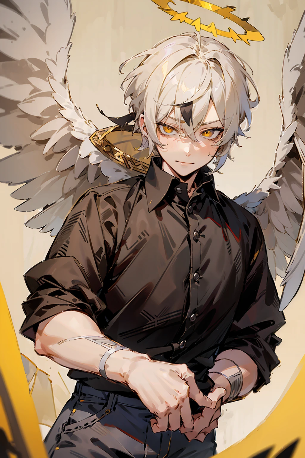 1male, Adult, Two Tone Hair, Yellow and White Hair, Short Hair, Undercut Hair, Black and White Horns, Angel Halo, Black Wings, Golden Eyes, Smirk, Black and White Flannel Shirt, Black Ripped Jeans