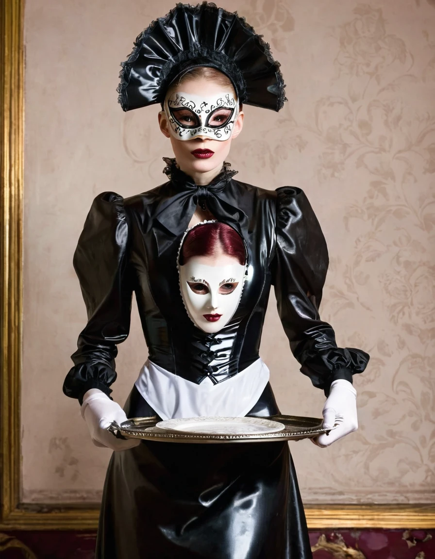 A scared, very thin maid in latex. The Venetian mask.. He holds a tray with wine glasses. Victorian style.