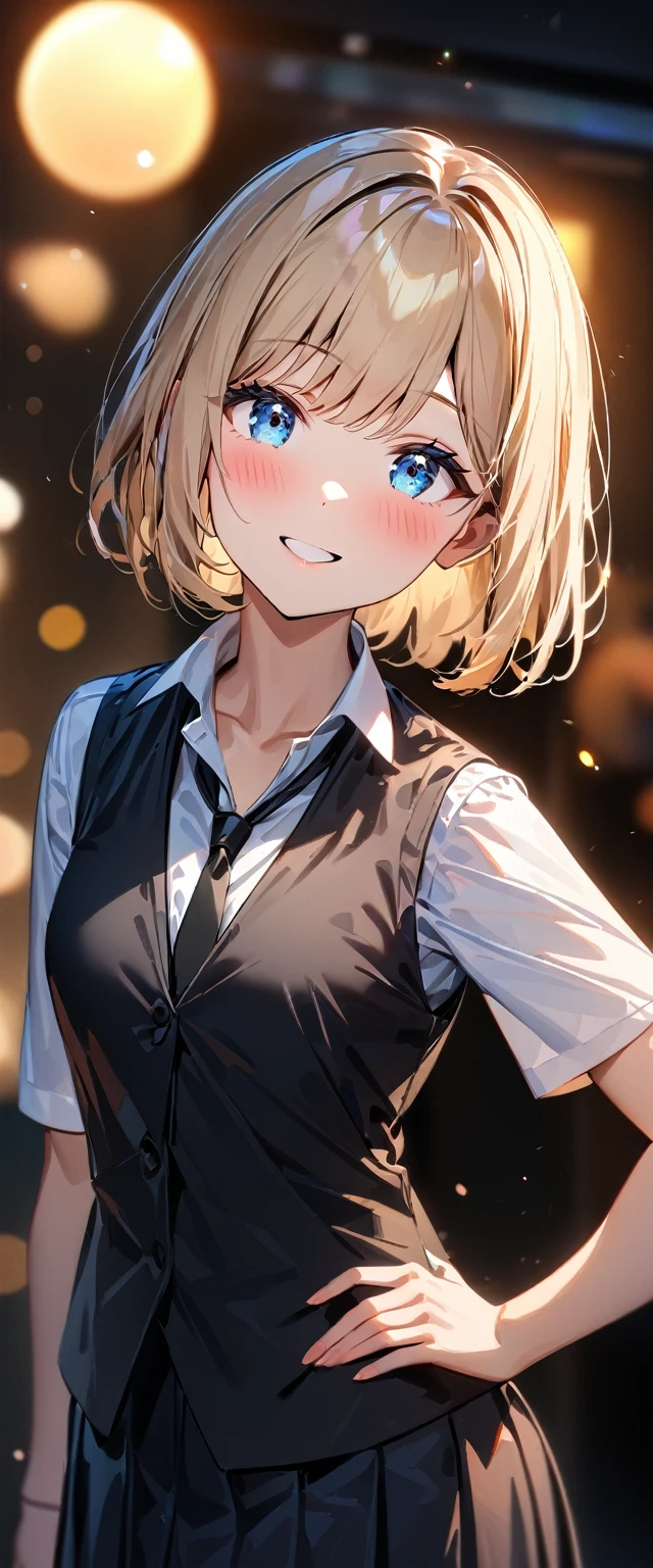 (((One girl))), blond hair, bob cut, from side, (cowboy shot), (looking at viewer), (open collar), face in focus, teenager, head tilt:1.3, (((blue eye))), ((happy smile)), ((blush)), contrapposto, one hand on hip, school summer uniform, white shirts, ((black tie under the waistcoat)), skirt, black waistcoat, anime style, (best quality, 4k, 8k, highres, masterpiece:1.2, ultra-detailed, ultra-detailed eyes, HDR, UHD, studio lighting, ultra-fine painting, sharp focus, physically-based rendering, extreme detail description, professional, vivid colors, bokeh)
