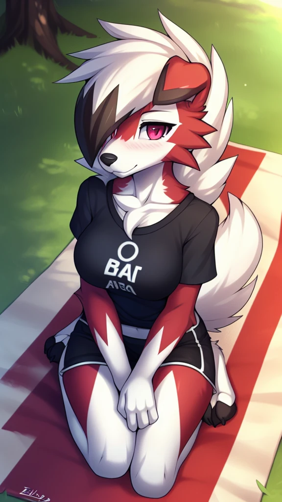 By zinfyu,by twistedscarlet60, uploaded on pixiv, by fluff-kevlar, (masterpiece), (best quality), (solo female:1.2), (extremely detailed:1.3),(detailed eye,black circle on eye,pink eye), lycanroc midnight, view on viewer, close view, shy face, half body on potrait, only body and head, close view,adult body posture, slim body, (165 cm),closeup photo of lycanroc, at park, picnic, picnic rug on ground, lycanroc siting on rug, red and white chess patern rug, food on rug, holding spoon with piece of food, wearing croptop sport tshirt and sport short