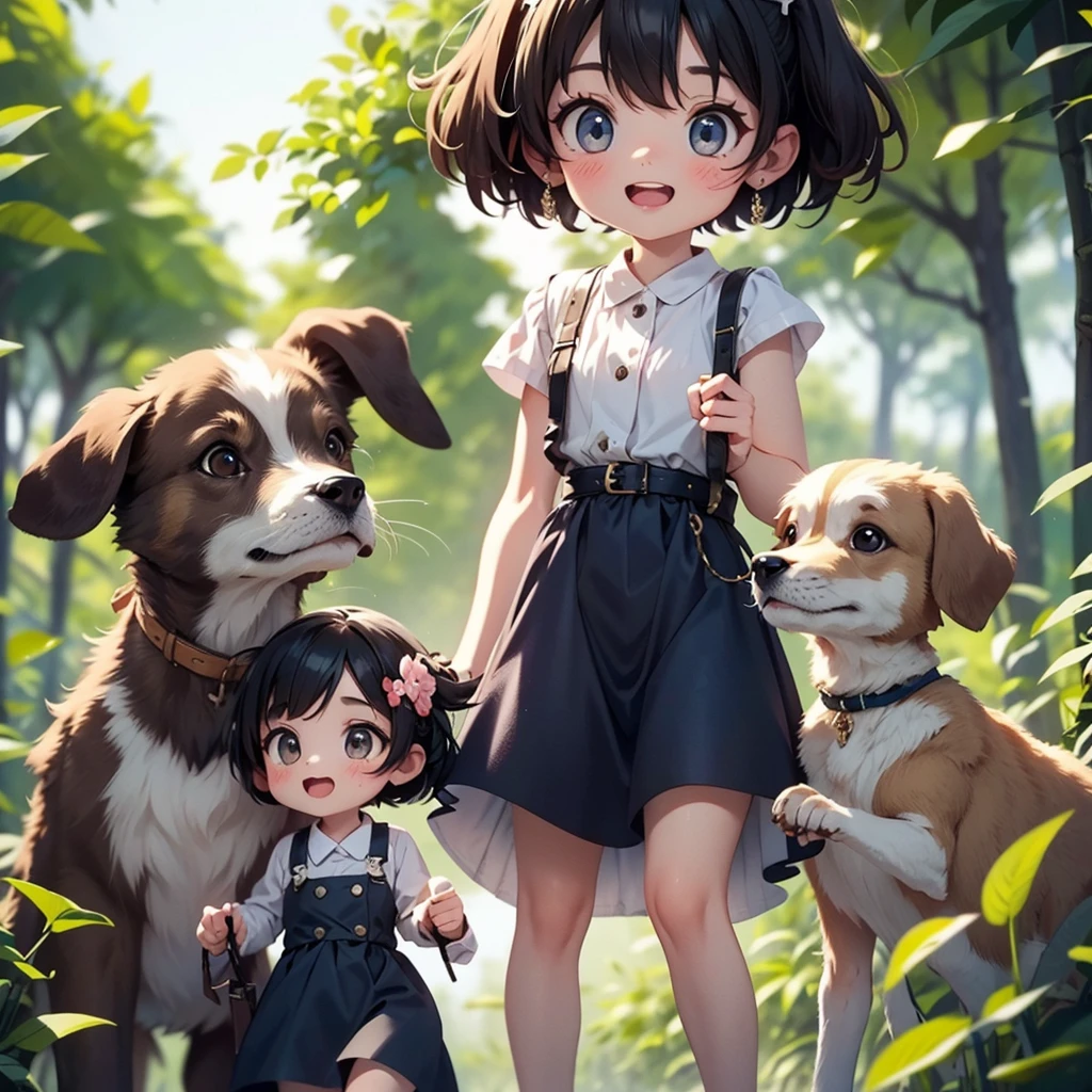 Two Girls、Very close sisters、Walk hand in hand、Having fun and being excited、Jumping around、Shortcuts、Braided Bob、Happy smile、A cute, cool sleeveless dress、Walking alongside a large dog、Nothing in my hands、Watching the audience、(Quadrupedal Dog、Same height as her sisters:1.5、Bushy white hairs、Gently supporting)