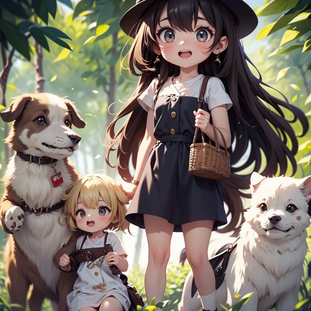 Two Girls、Very close sisters、Walk hand in hand、Having fun and being excited、Jumping around、Shortcuts、Braided Bob、Happy smile、A cute, cool sleeveless dress、Walking alongside a large dog、Nothing in my hands、Watching the audience、(Quadrupedal Dog、Same height as her sisters:1.5、Bushy white hairs、Gently supporting)