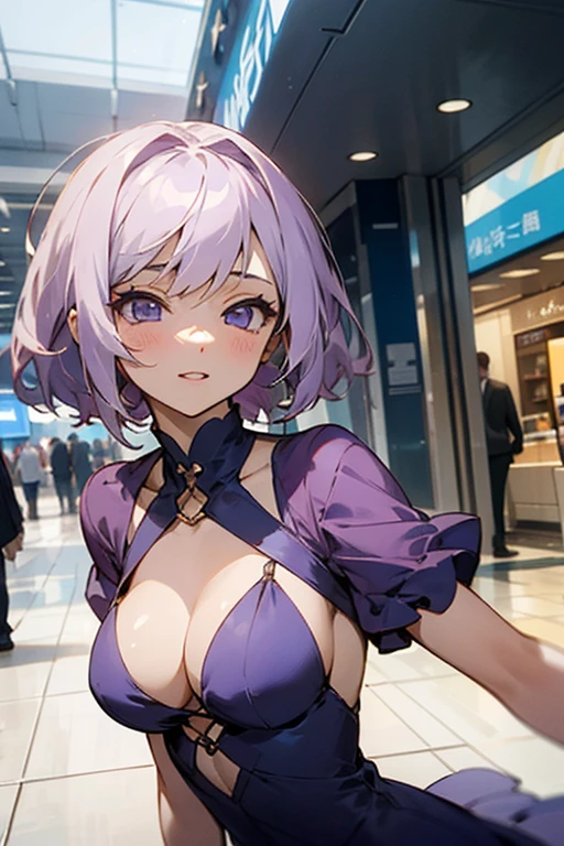 Create a 24-year-old anime girl with a plunging neckline in a purple dress in a shopping mall landscape with a face of love.